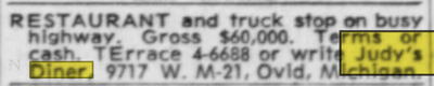 Judys Diner - Mar 1961 Ad For Sale